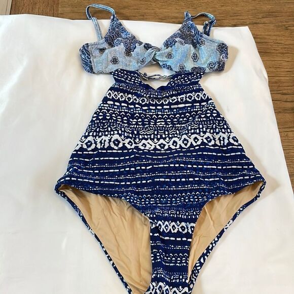 SOME DAYS ONE PIECE SHADES OF BLUE AND WHITE ONE PIECE BATHING SUIT. - Picture 1 of 7